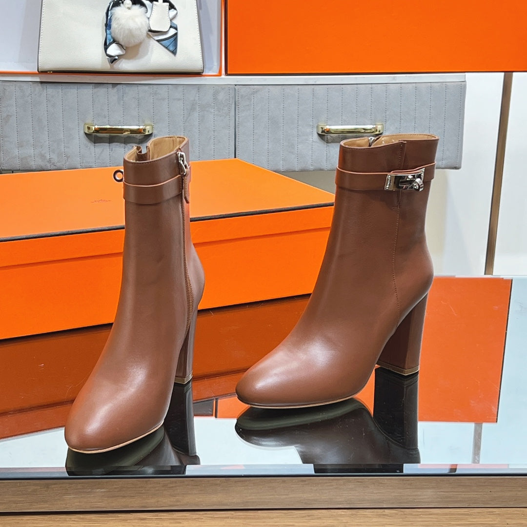 HERMES 25S SAINT GERMAIN ANKLE BOOTS 90 MM IN BROWN LAMBSKIN WITH SILVER HARDWARE
