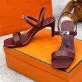 HERMES Glamour 75 Sandal Red Brown Leather