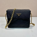 PRADA LARGE QUILTED FLAP BAG 23 IN BLACK RE-NYLON FABRIC GOLD CHAIN