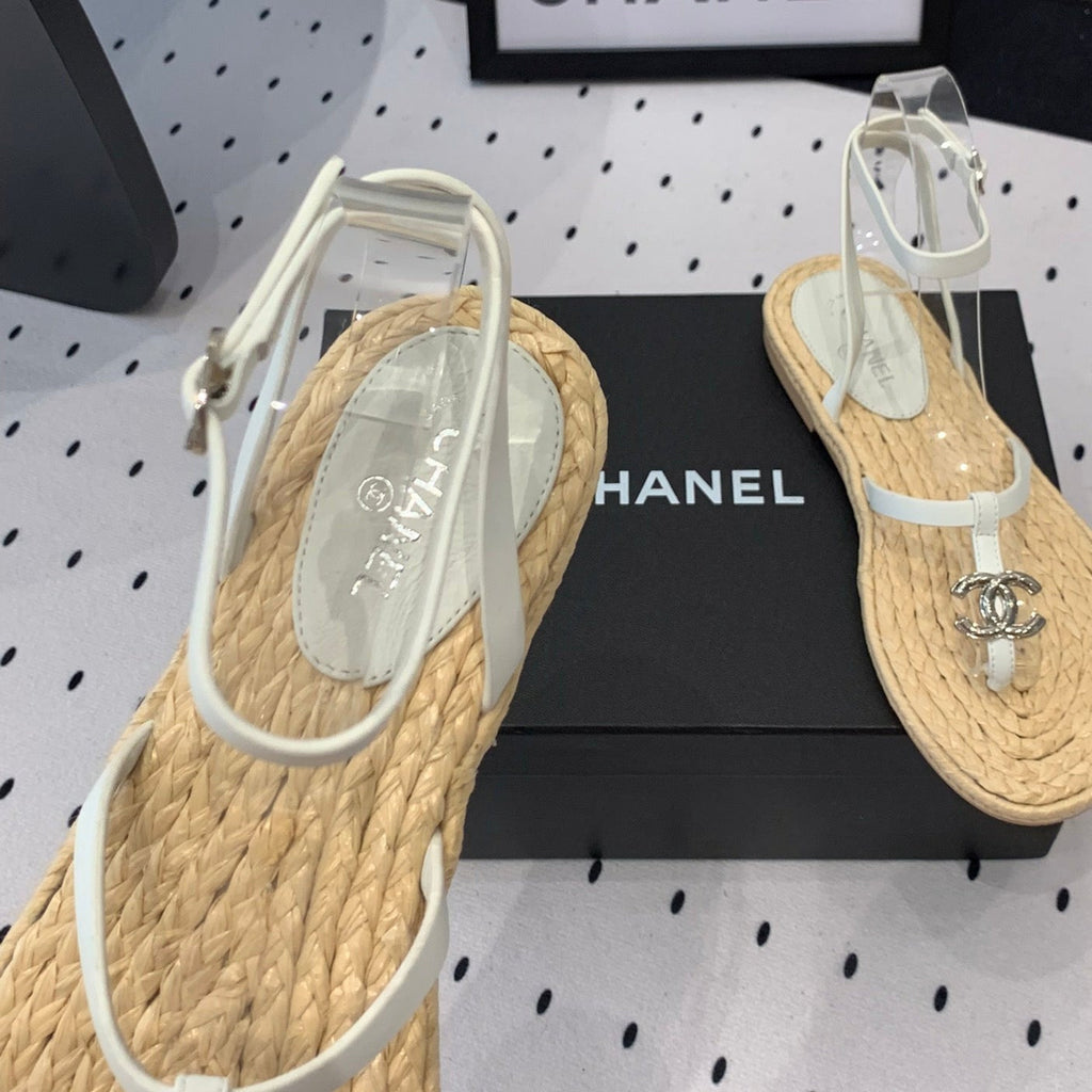 CHANEL Double  Vintage straw sandals replica designer shoe White Beige sheepskin