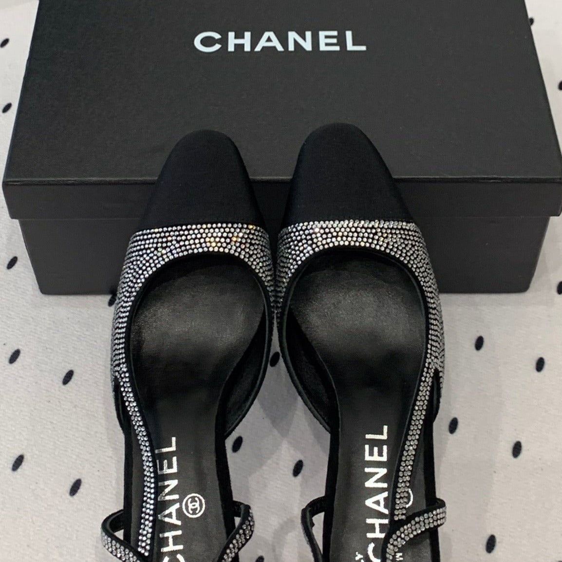CHANEL Double  Rhinestone Slingback Sheepskin Silver Black