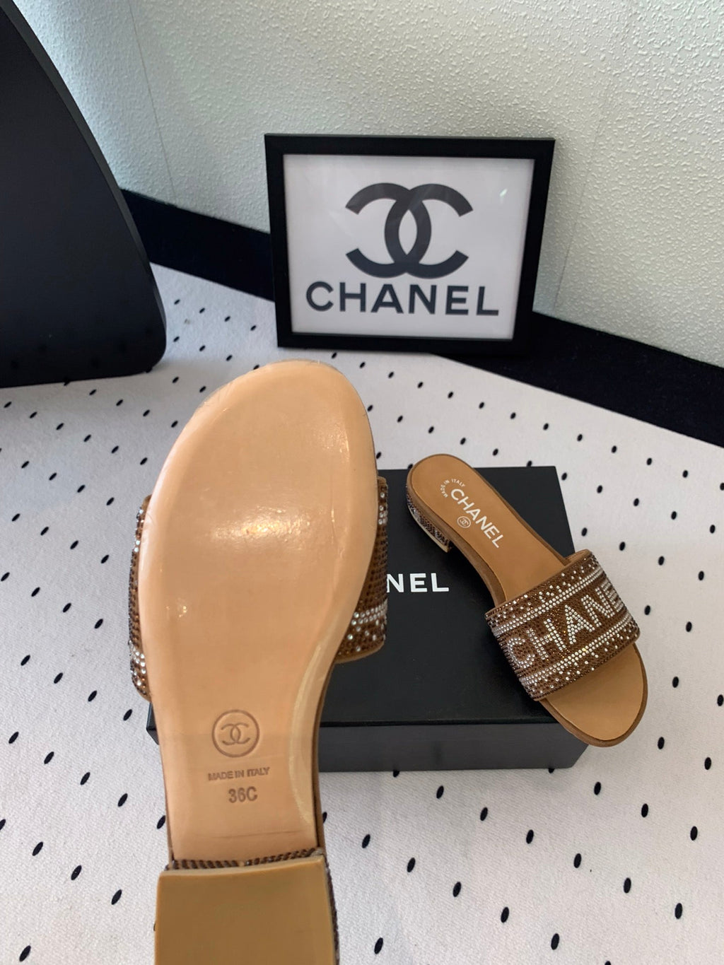 CHANEL RHINESTONE LETTER SLIPPERS CINNAMON BROWN LAMBSKIN