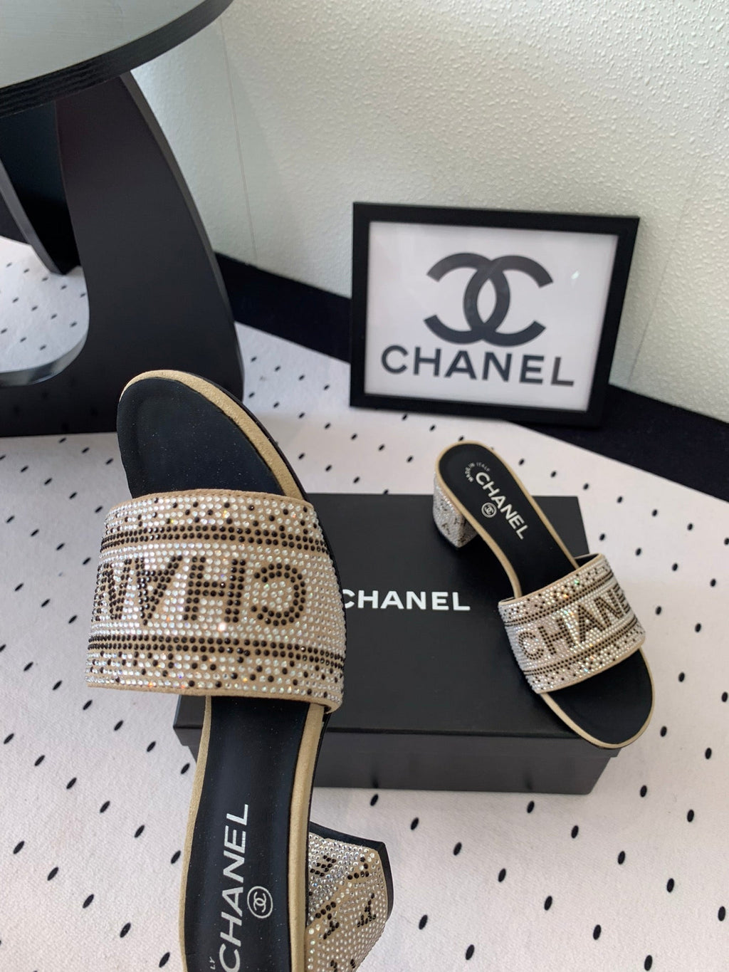 CHANEL RHINESTONE LETTER HIGH HEELS CARAMEL BROWN AND BLACK LAMBSKIN