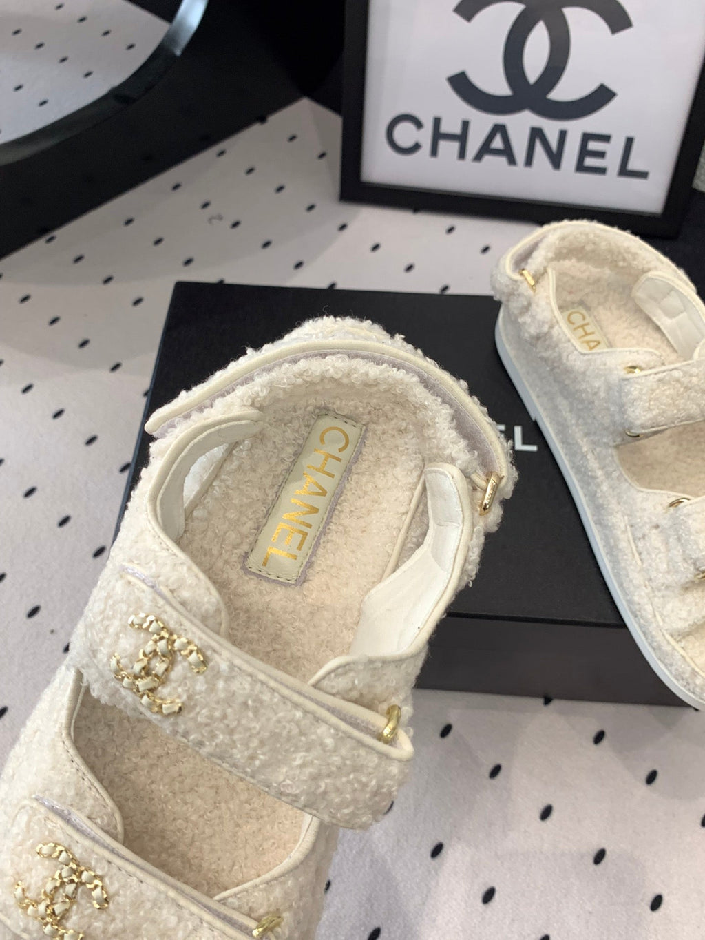 CHANEL DAD SANDAL WHITE LAMB FUR