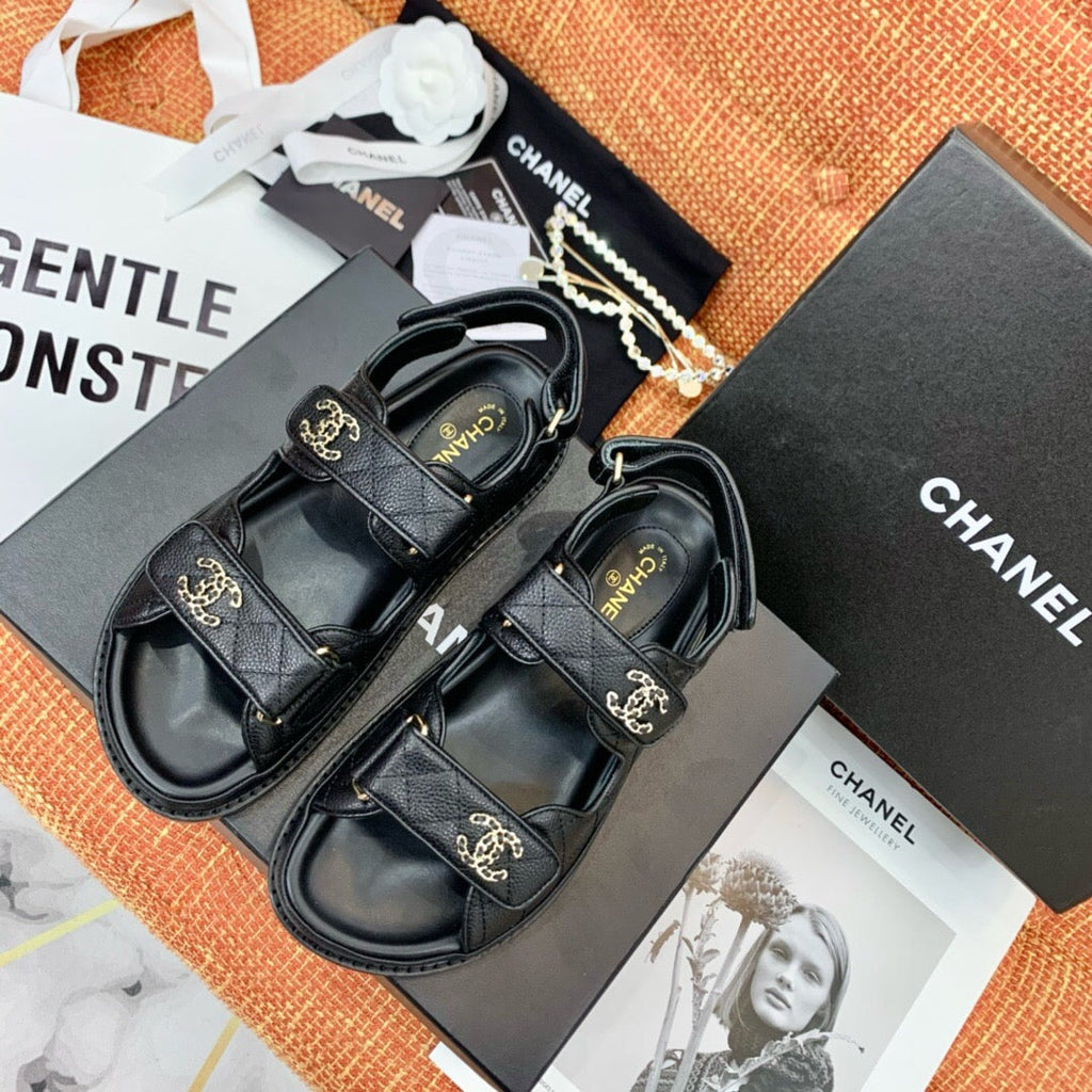 CHANEL dad sandals black leather