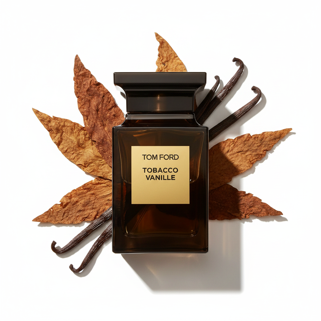 Tobacco Vanille luxury fragrance bottle with tobacco leaves and vanilla pods editorial product shot