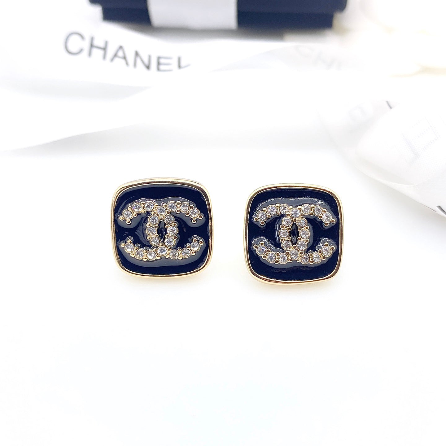 18K  Chanel Square Resin Diamond Earrings
