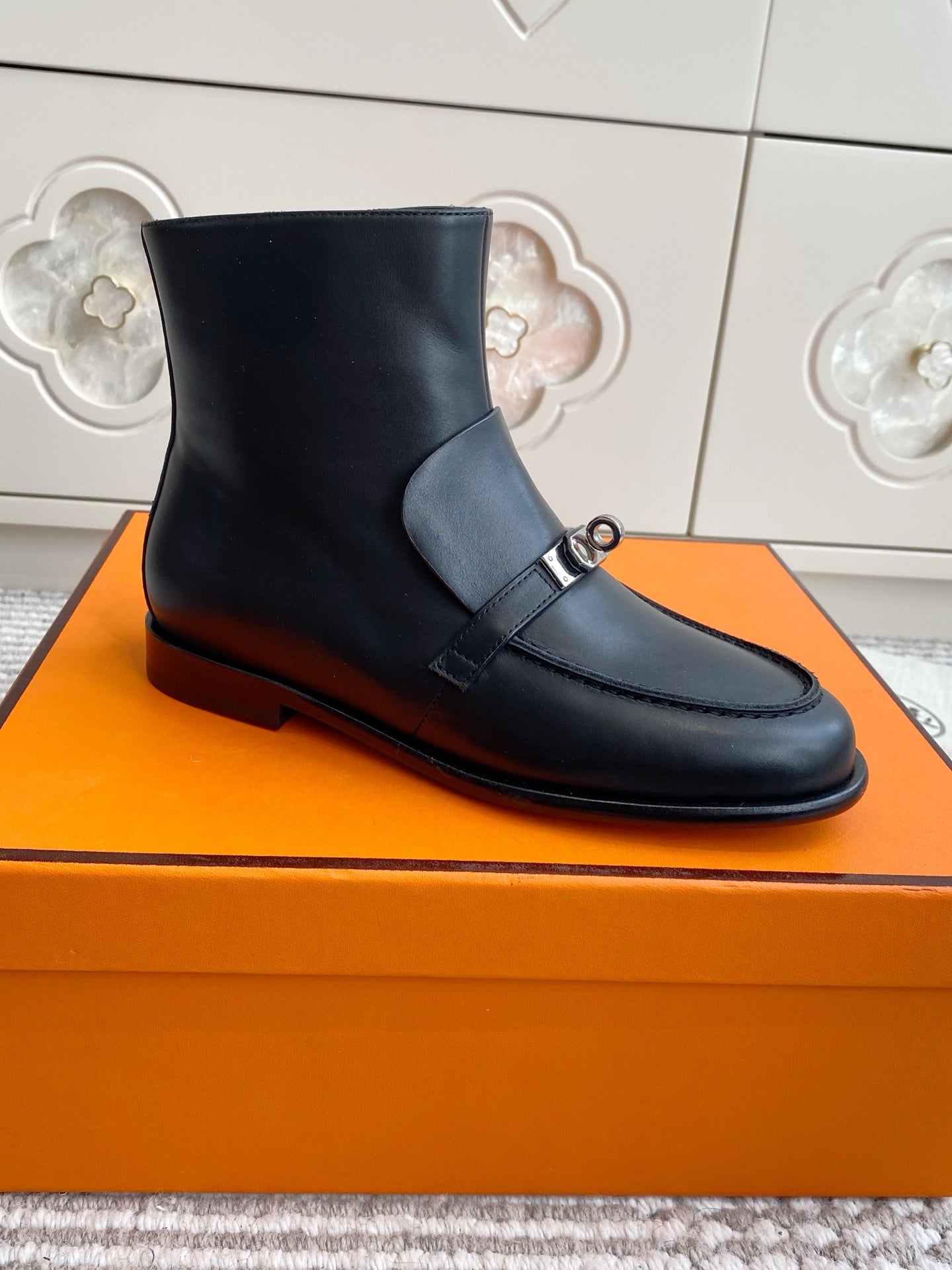 HERMES 25S KELSY ANKLE BOOT IN BLACK LAMBSKIN WITH SILVER HARDWARE