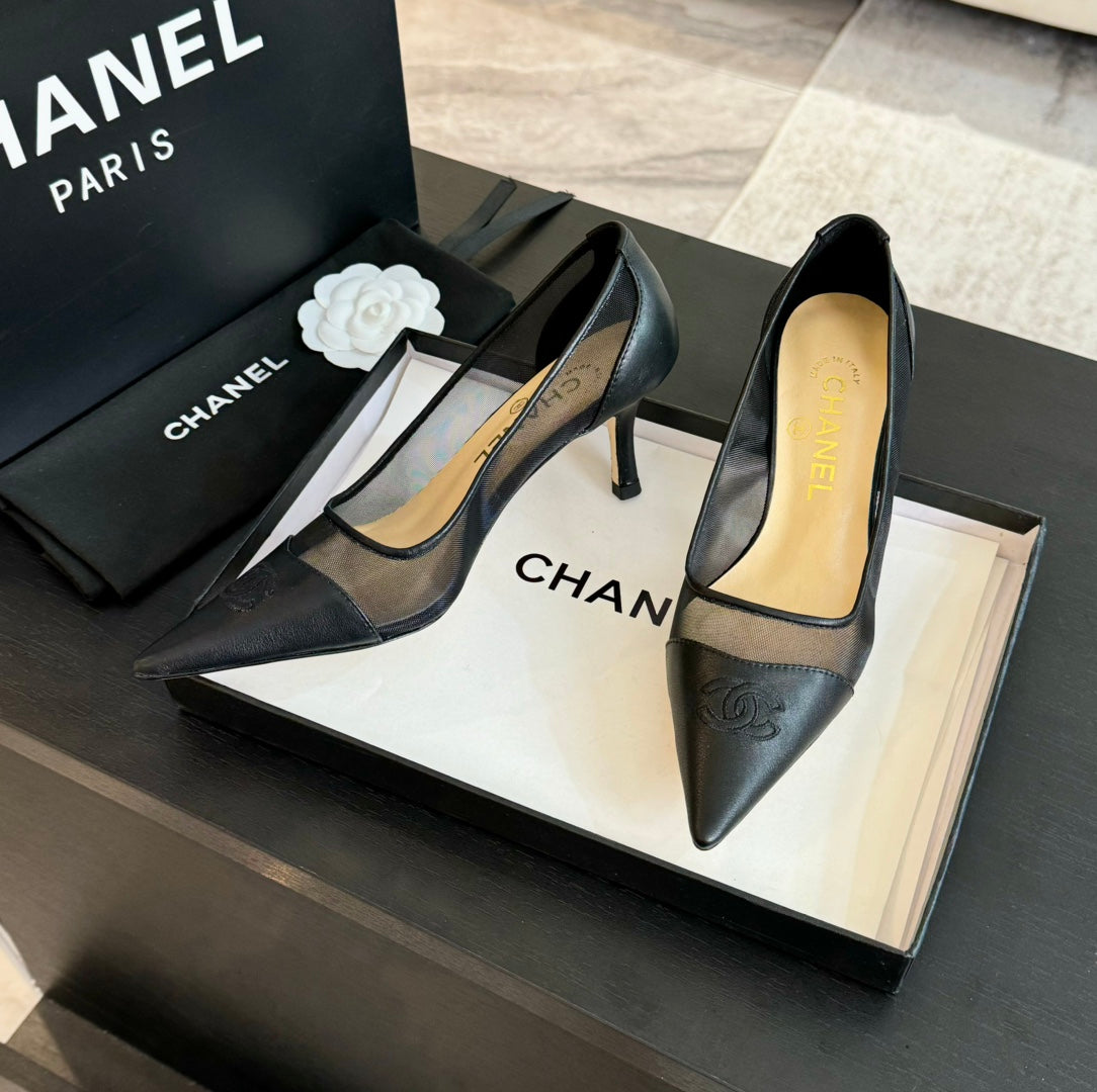 CHANEL MESH LOGO HEELS IN BLACK LAMBSKIN