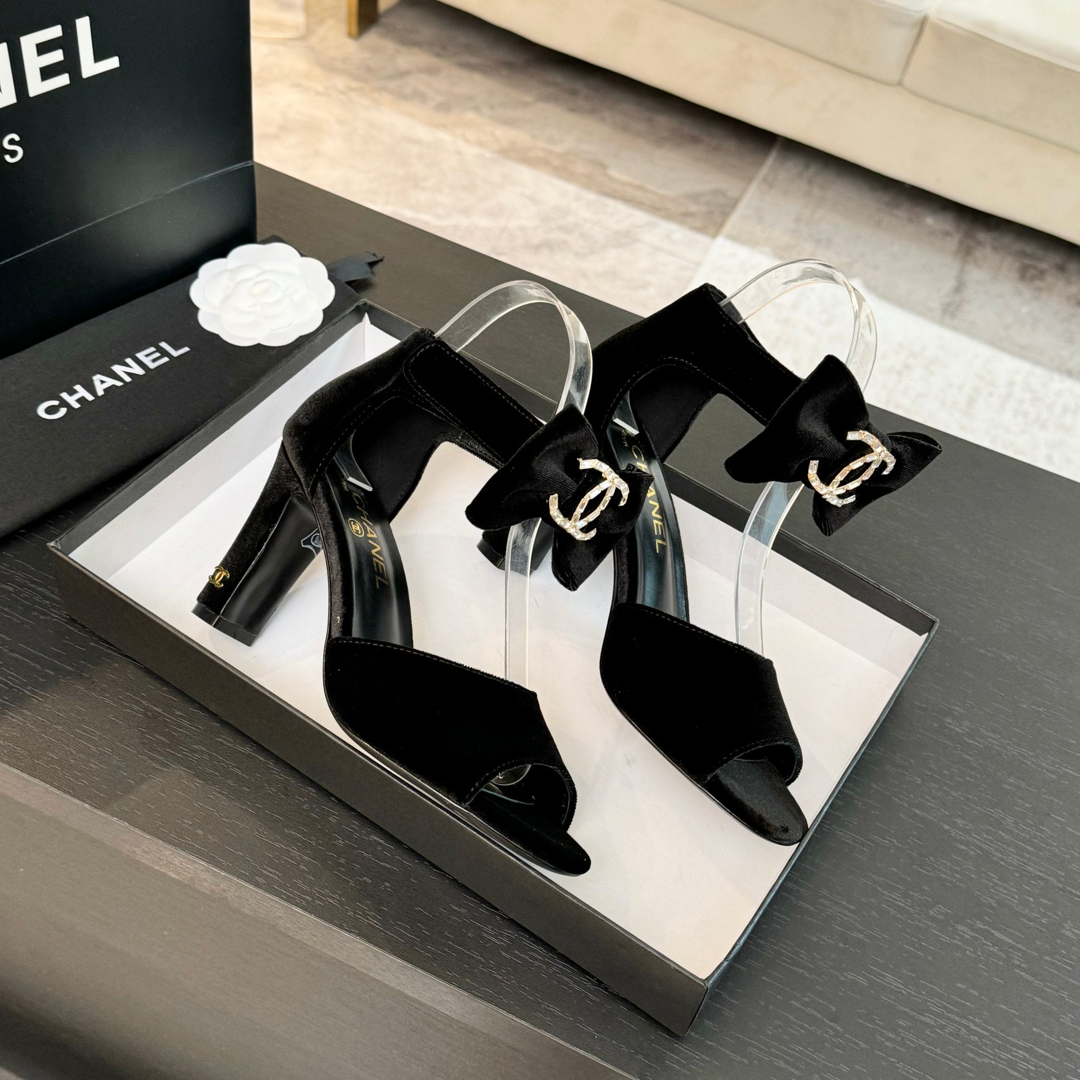 CHANEL HIGH SANDAL OPEN TOE IN BLACK VELVET
