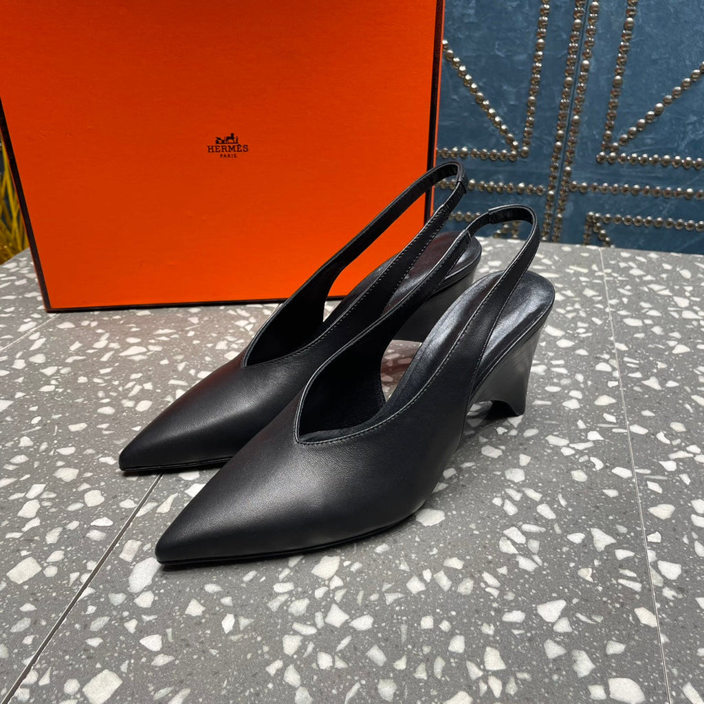 HERMES HIGH SLINGBACKS 7 CM IN BLACK SHEEPSKIN