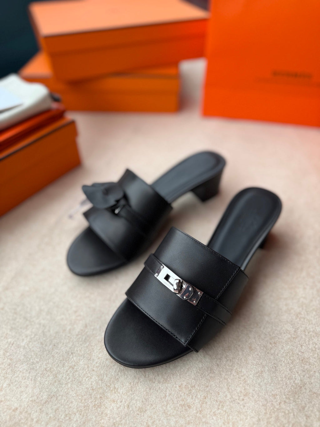 HERMES HIGH MULES IN BLACK CALFSKIN