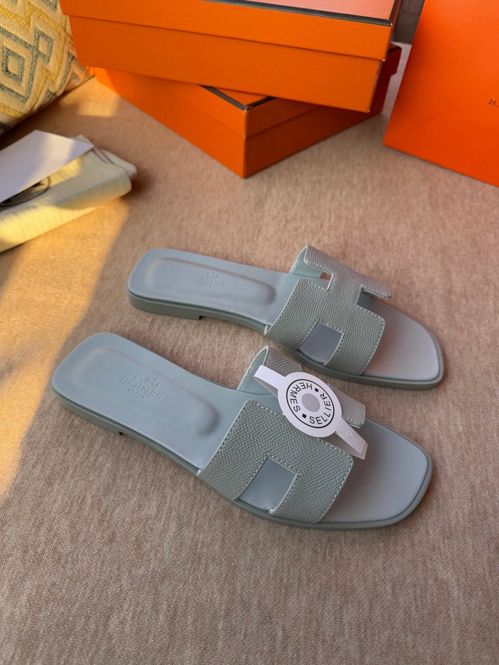 HERMES 0RAN SANDALS IN WARM GRAY CALFSKIN