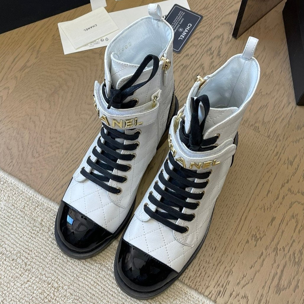 CHANEL ALPHABET MARTIN BOOTS IN WHITE LAMBSKIN