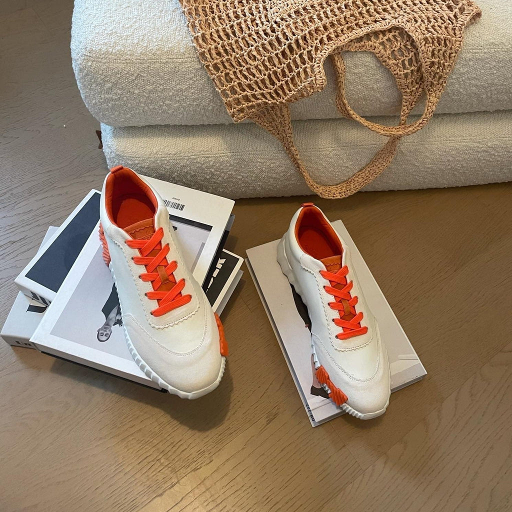 HERMES BOUNCING SNEAKERS WHITE CALFSKIN WITH ORANGE LACES