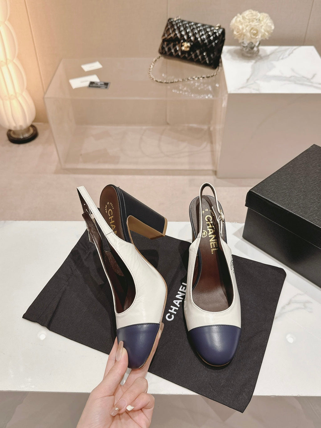 CHANEL HIGH SLINGBACKS WHITE MIX BLACK SHEEPSKIN