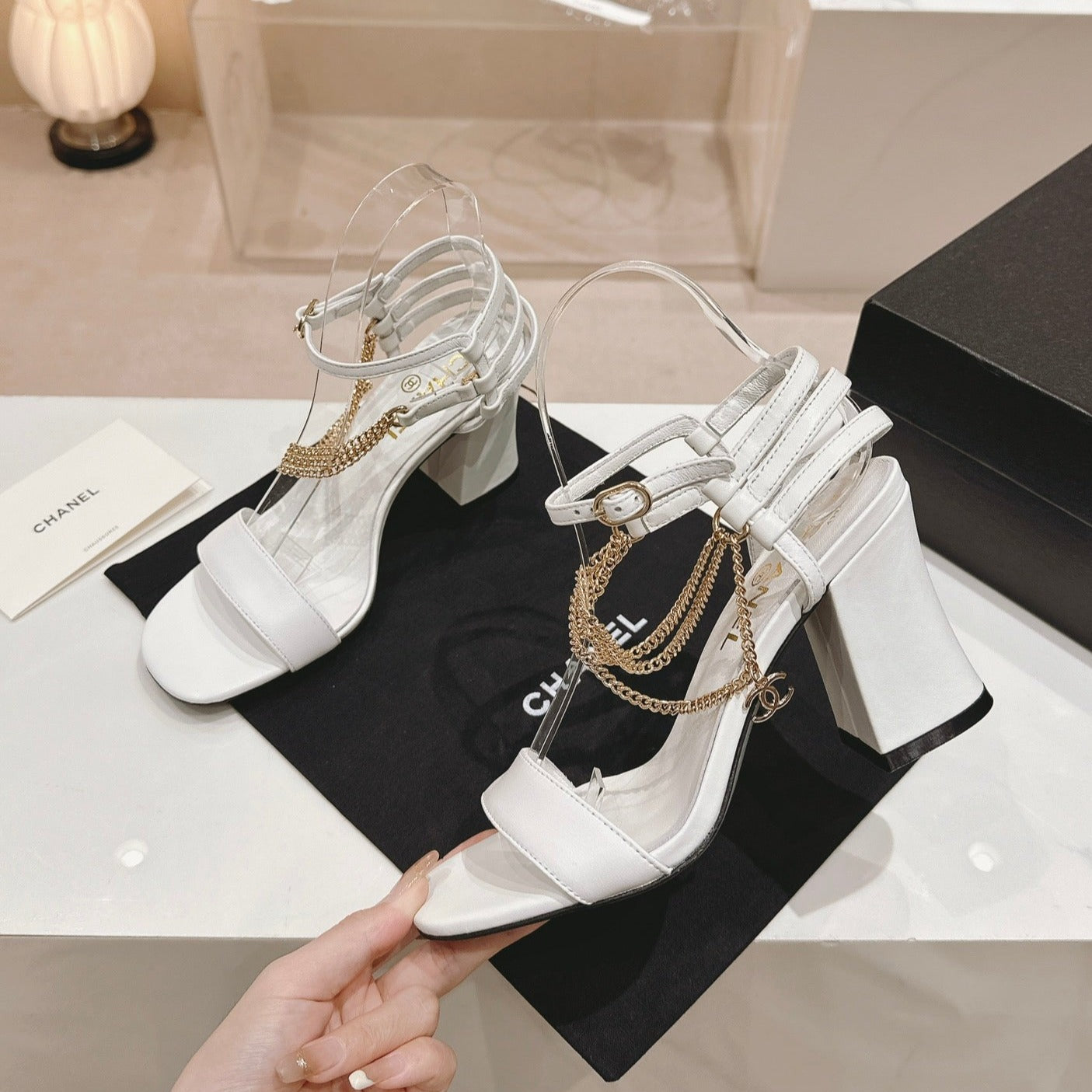 CHANEL Double C Leather High Heel Sandals White