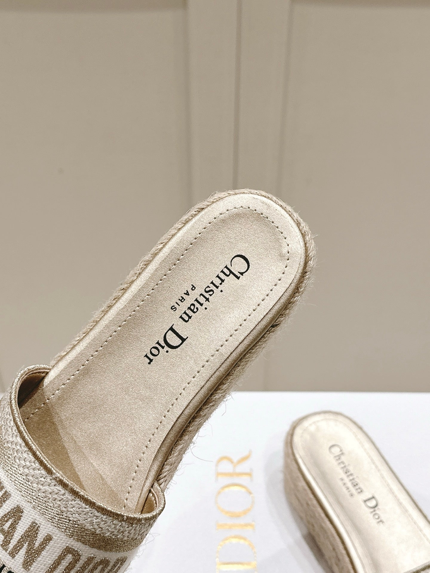 DIOR DWAY WEDGE SLIDES 45MM IN WARM GREIGE FABRIC RAFFIA SOLE