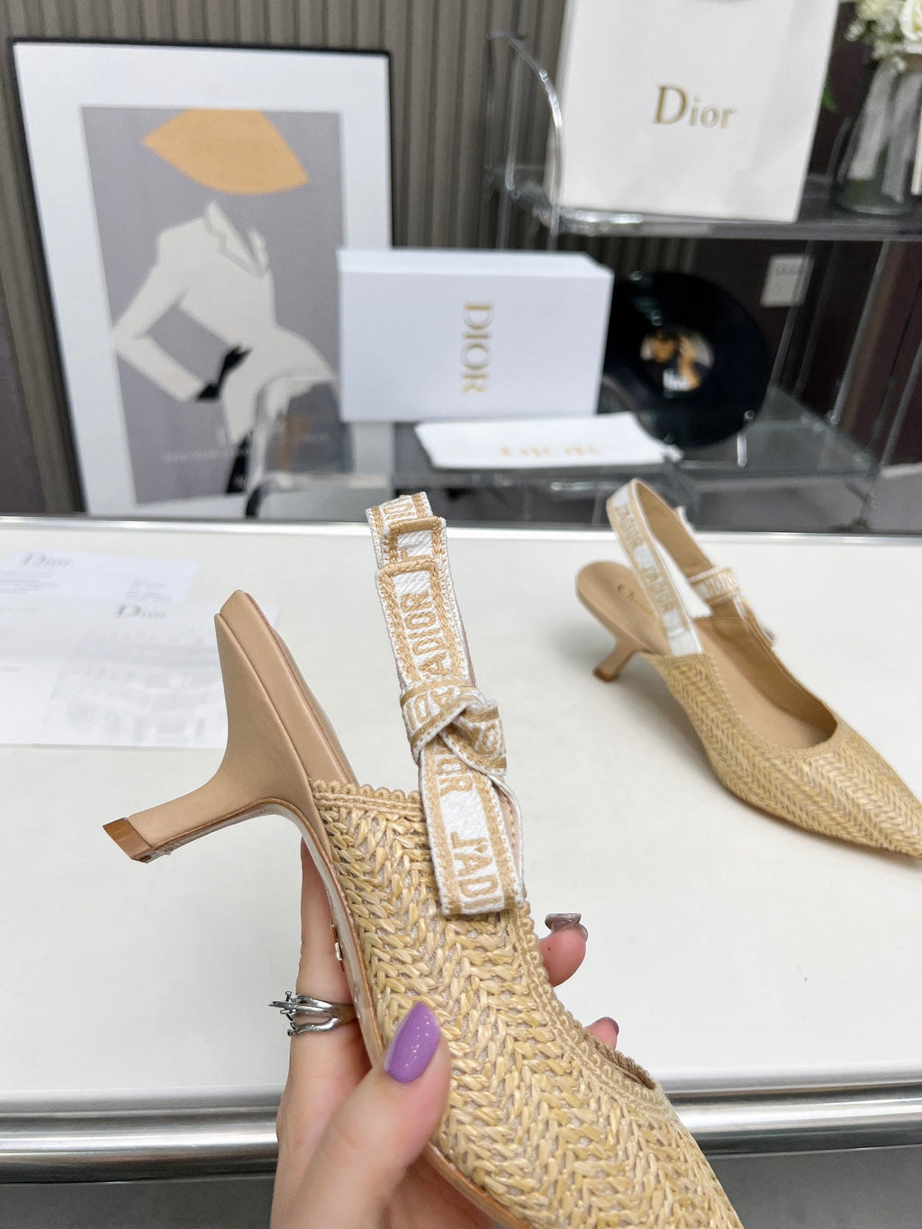 DIOR J'A SLINGBACK PUMP NATURAL RAFFIA AND BEIGE EMBROIDERED COTTON 65 MM