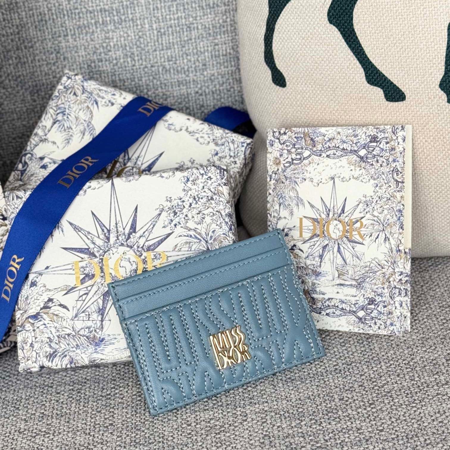 DIOR FREESIA CARD HOLDER 10 IN BABY BLUE QUILTED ALLOVER CALFSKIN