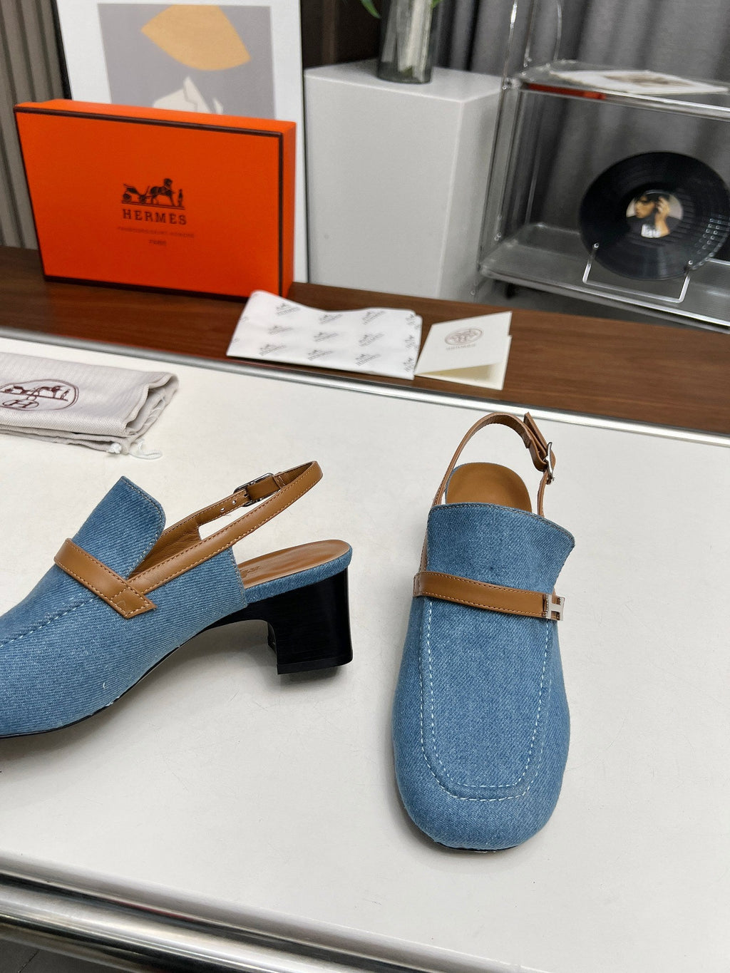 HERMES SQUARE TOE SLINGBACK DENIM CALFSKIN