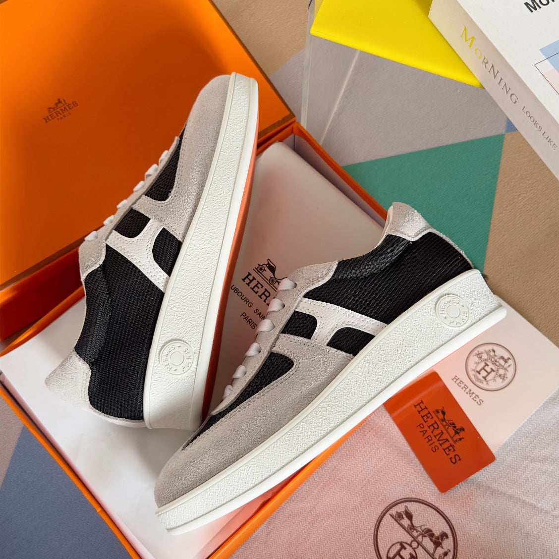 HERMES BOOMERANG SNEAKERS LIGHT GRAY MIX BLACK SUEDE