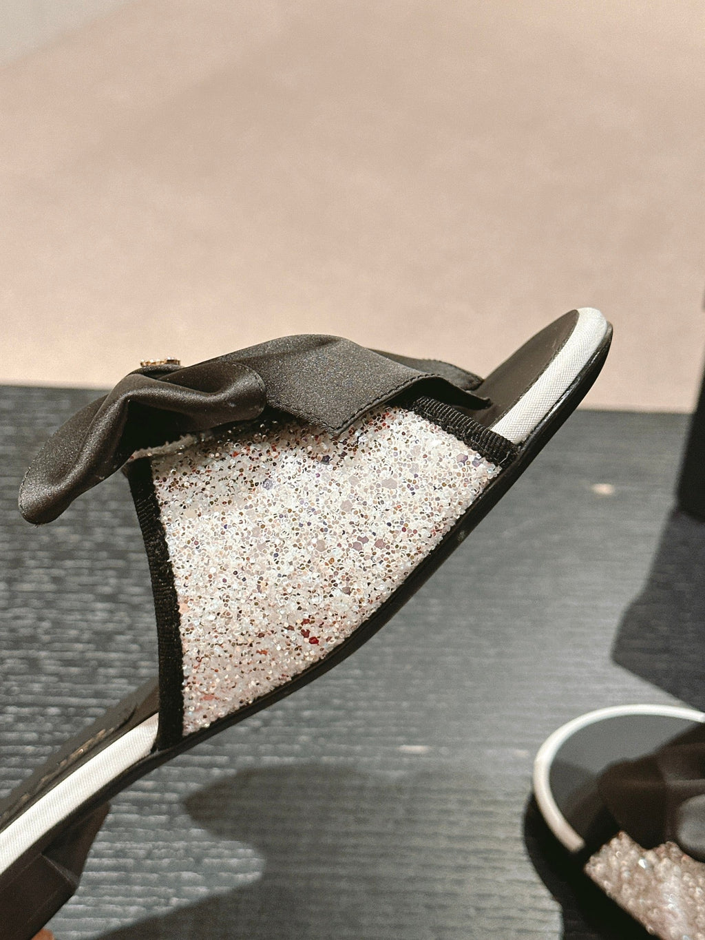 CHANEL BOW LADY SLIPPERS BLACK LAMBSKIN WITH WHITE RHINESTONES