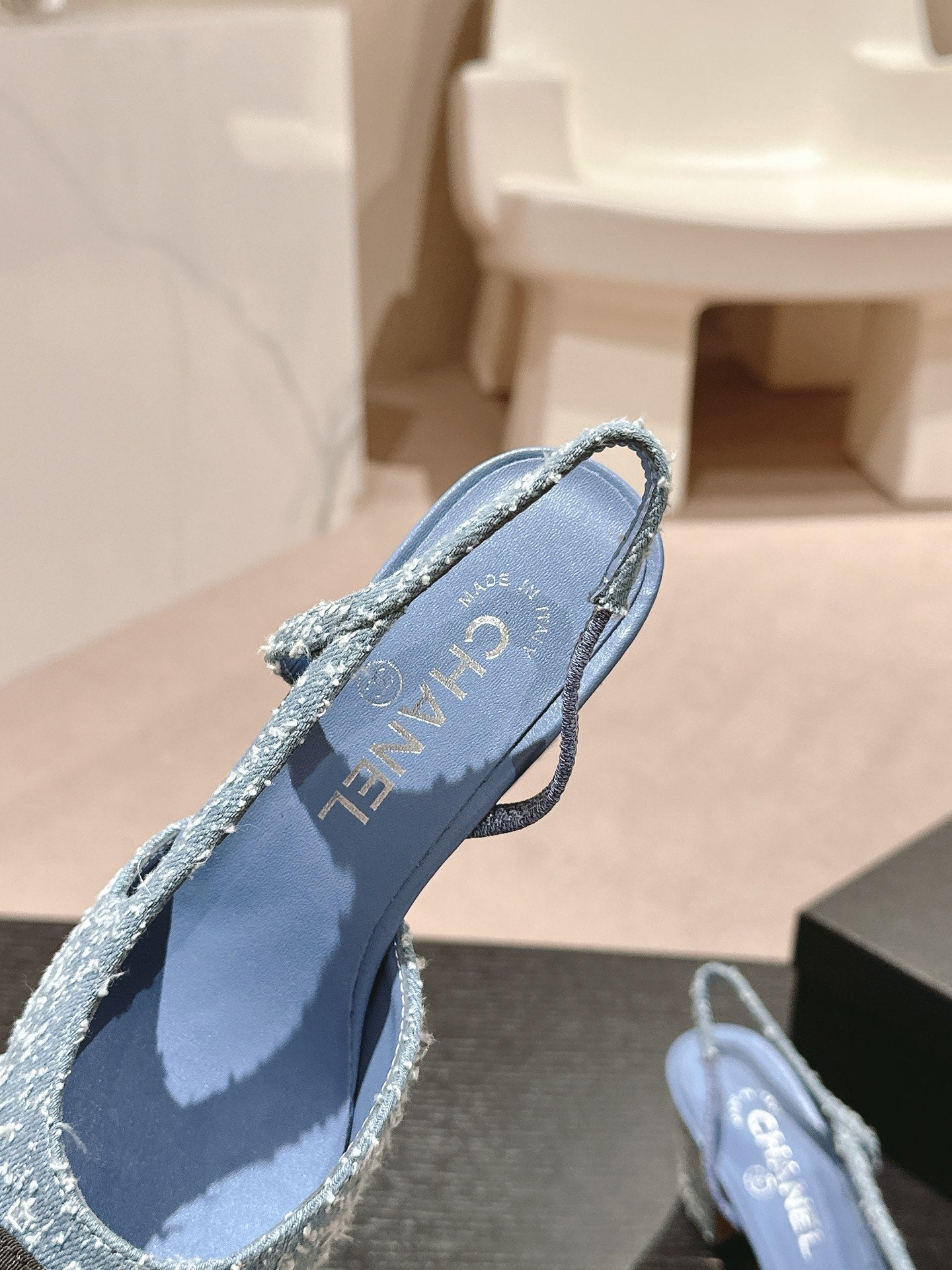 CHANEL HIGH SLINGBACKS IN LIGHT BLUE DENIM AND BLACK SATIN