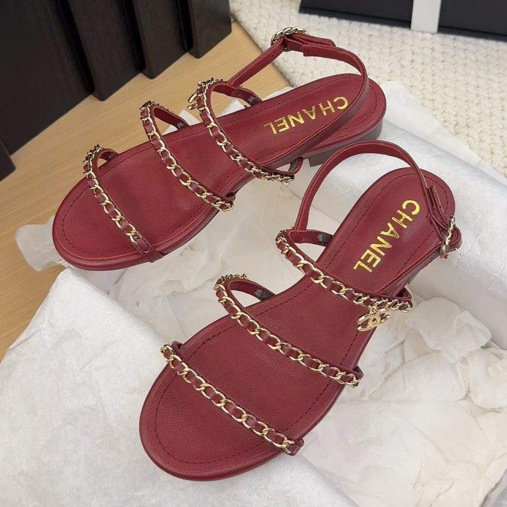 CHANEL THREE-STRAPS SANDALS IN JAM RED CALFSKIN WITH GOLD HARDWARE