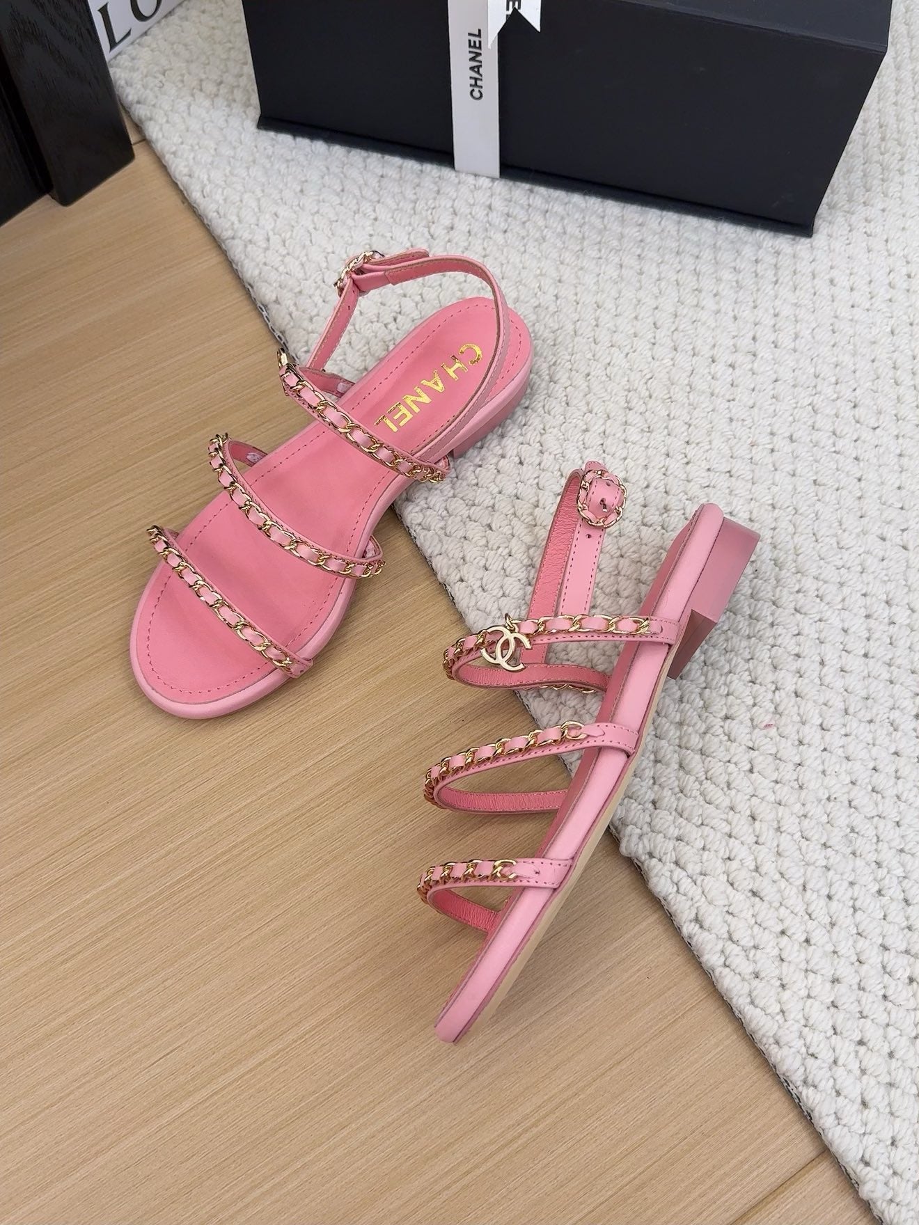CHANEL THREE-STRAPS SANDALS IN FLAMINGO PINK CALFSKIN WITH GOLD HARDWARE