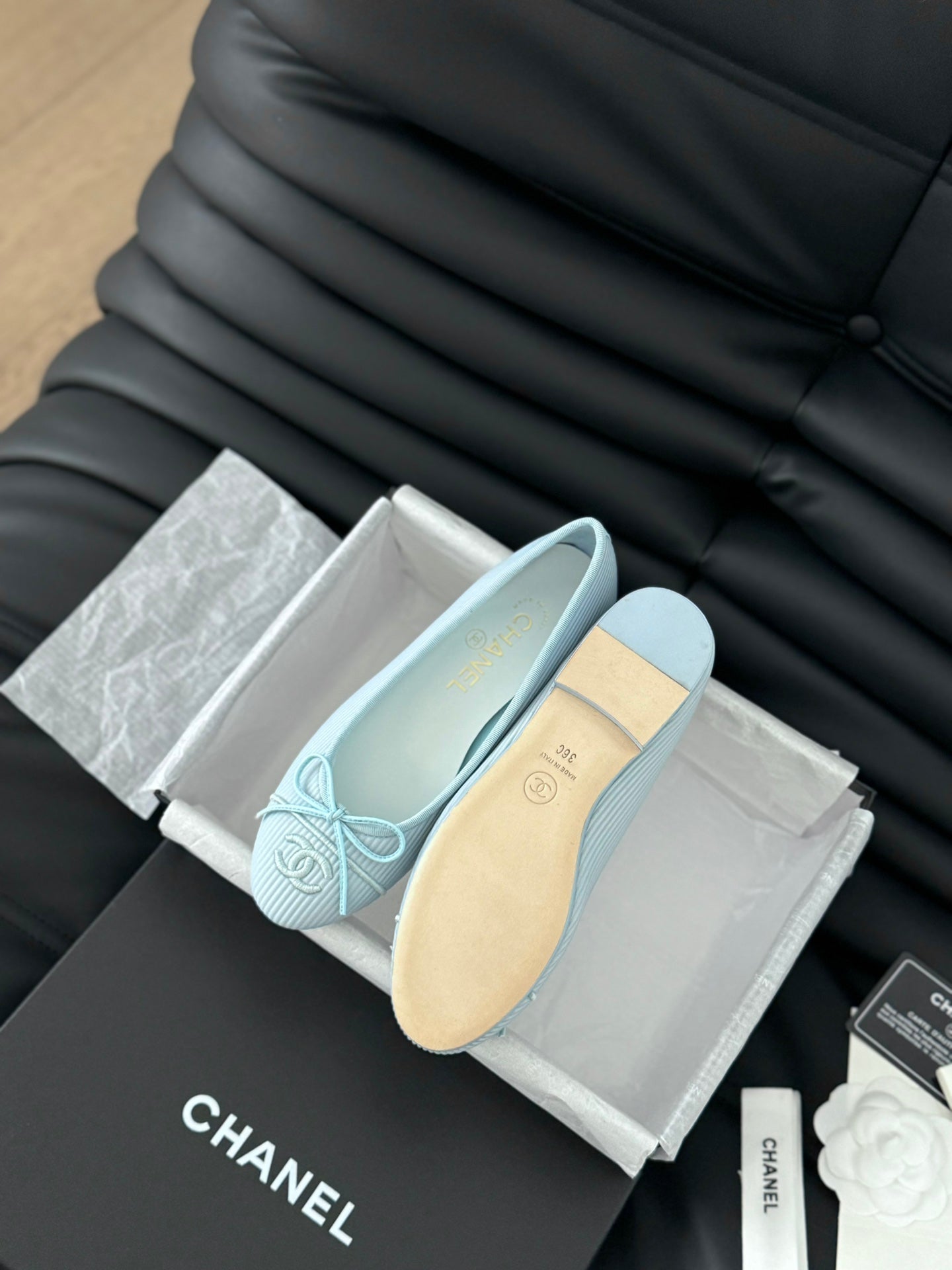 CHANEL CLASSIC BALLET FLATS LIGHT BLUE LAMBSKIN
