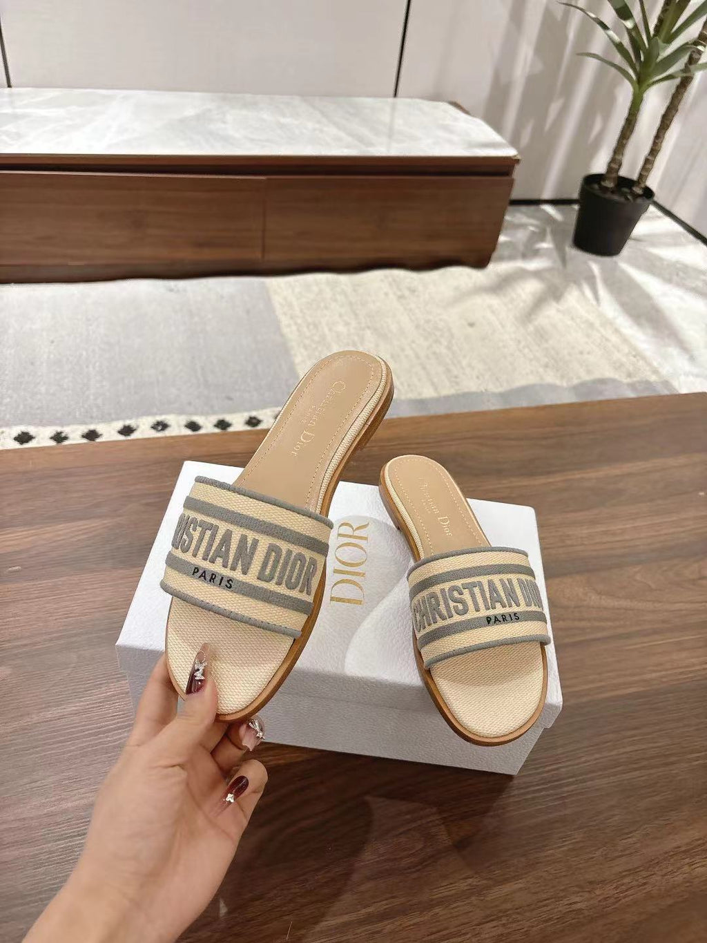 DIOR DWAY SLIDES IN BEIGE AND GRAY TECHNICAL FABRIC
