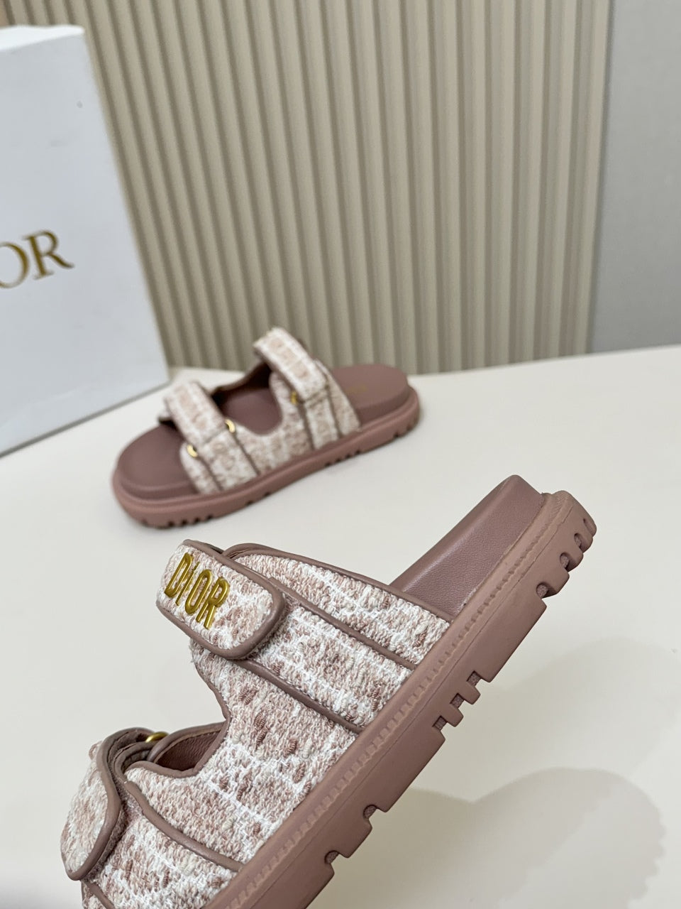 DIOR CLASSIC DOUBLE-STRAP SLIDES 25S IN ROSE BROWN TWEED AND CALFSKIN