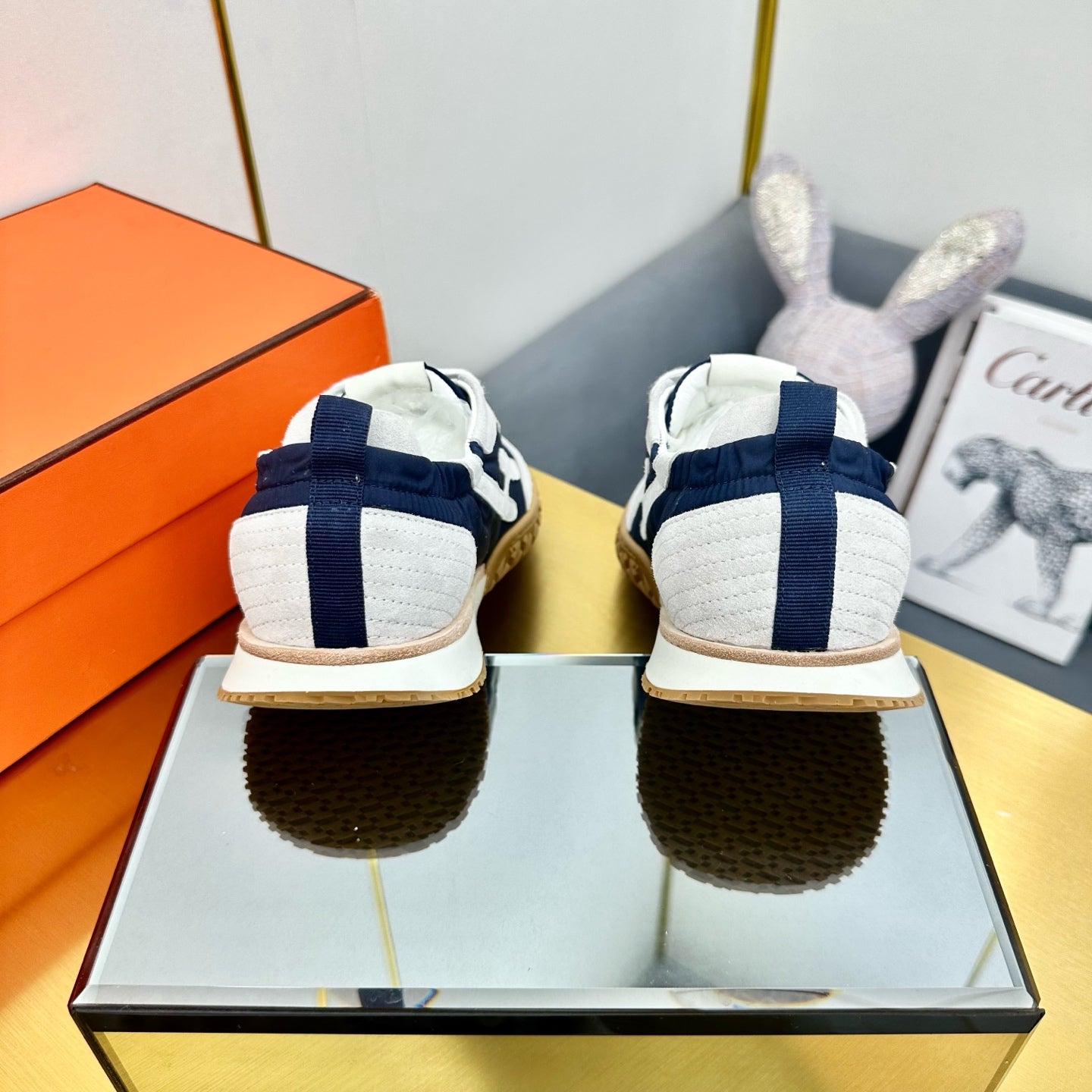 HERMES JET SNEAKER IN PALE GRAY SUEDE AND NAVY BLUE NAPPA LEATHER