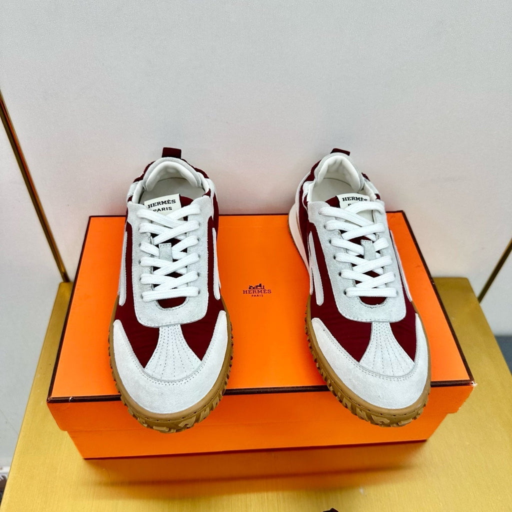 HERMES JET SNEAKER IN WHITE MIX SANGRIA RED SUEDE