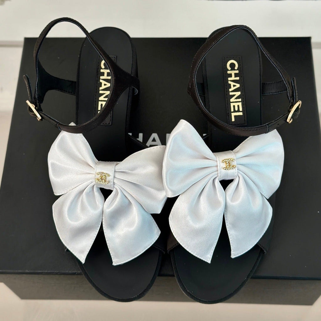CHANEL Double  Big Bow High Sandal Sheepskin Black White