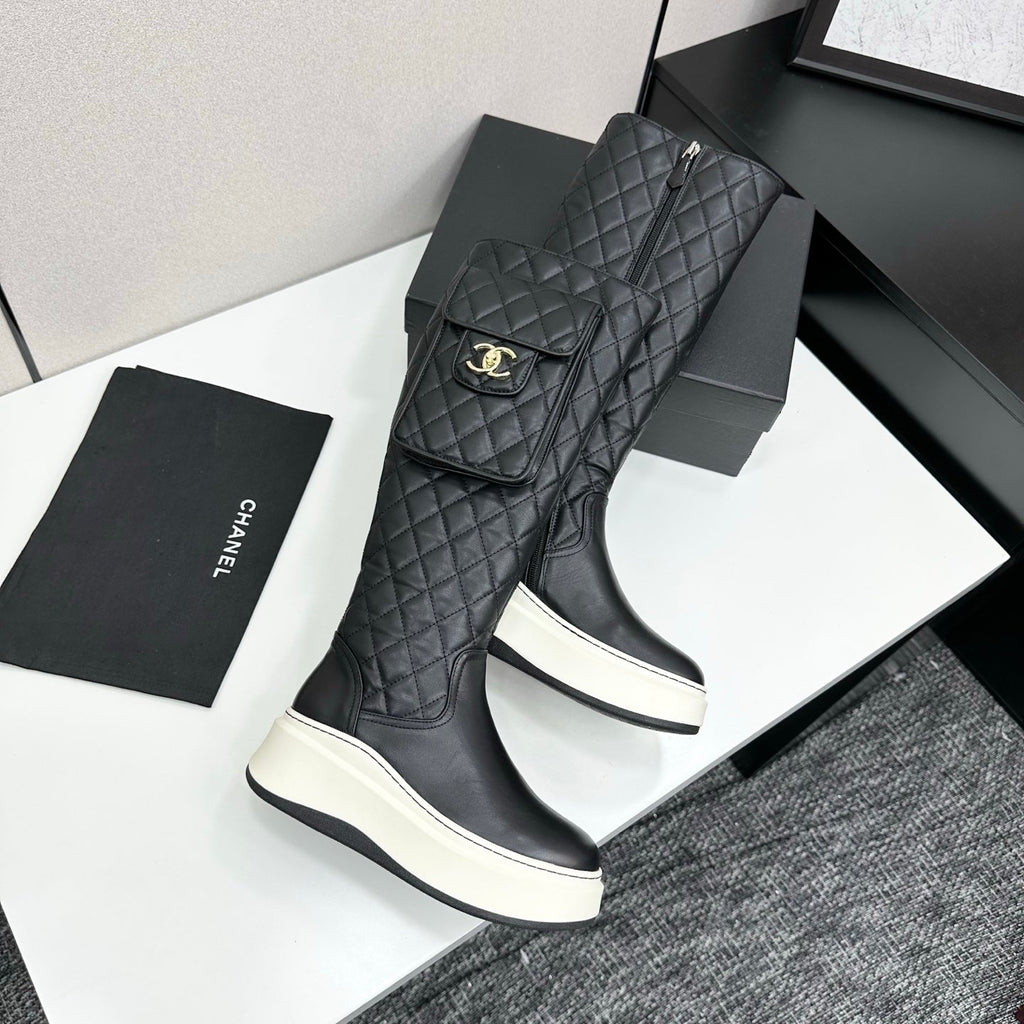 CHANEL 25S WEDGE KNEE-HIGH BOOTS IN BLACK CALFSKIN SILVER HARDWARE